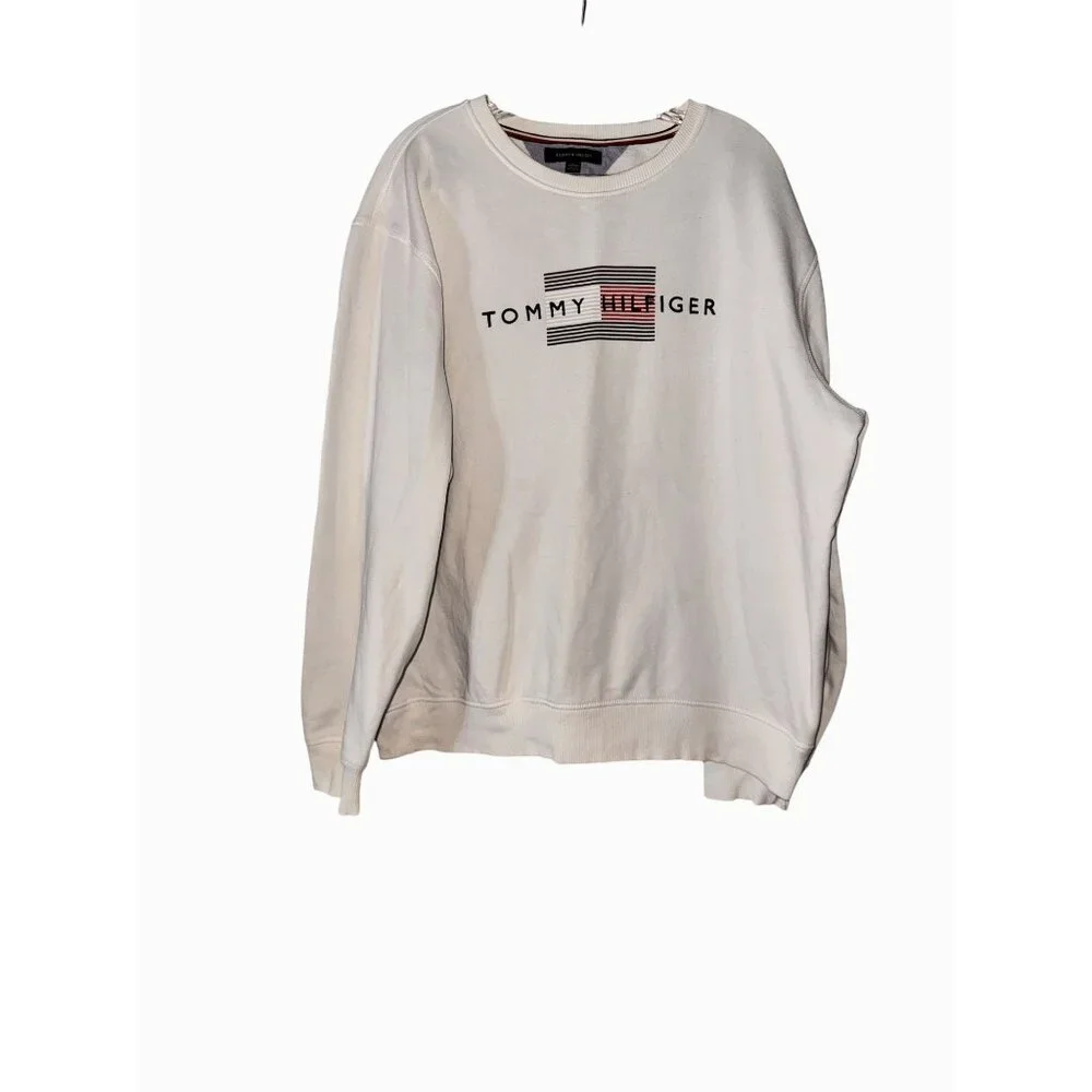 Tommy Hilfiger White Logo Sweatshirt XL Crewneck Cotton/Polyester Unisex Casual - Picture 1 of 8